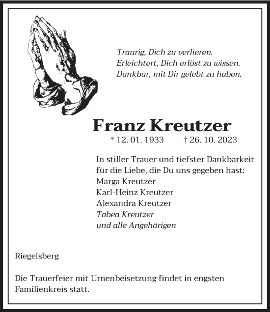 Todesanzeige von Franz Kreutzer von saarbruecker_zeitung