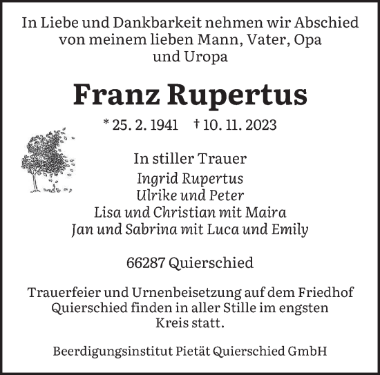 Todesanzeige von Franz Rupertus von saarbruecker_zeitung