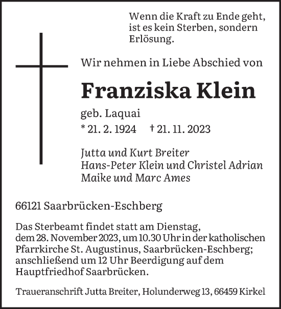 Todesanzeige von Franziska Klein von saarbruecker_zeitung