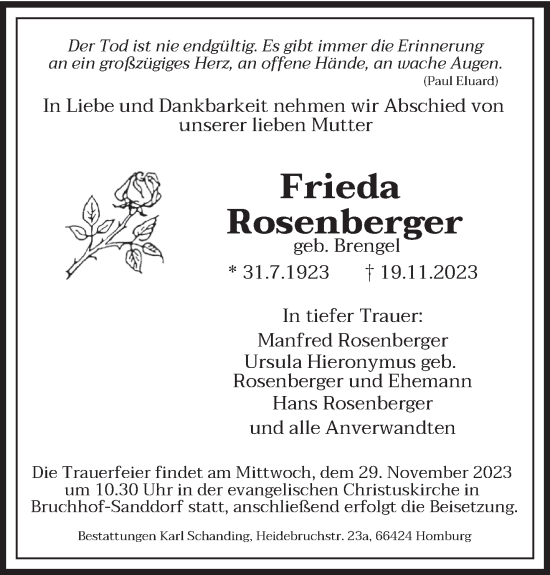 Todesanzeige von Frieda Rosenberger von saarbruecker_zeitung