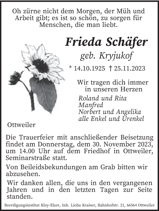 Todesanzeige von Frieda Schäfer von saarbruecker_zeitung
