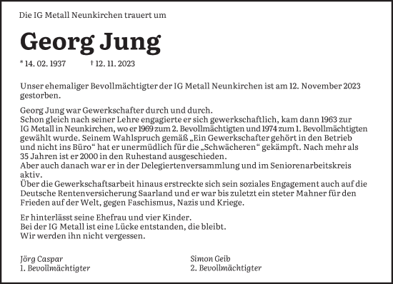 Todesanzeige von Georg Jung von saarbruecker_zeitung