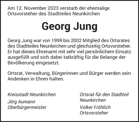 Todesanzeige von Georg Jung von saarbruecker_zeitung