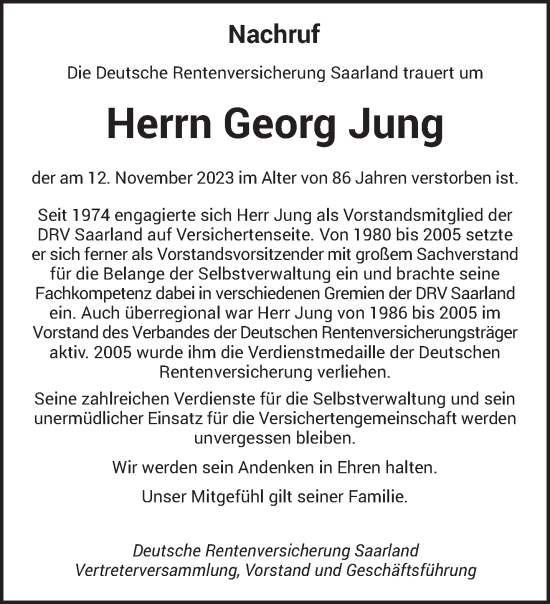 Todesanzeige von Georg Jung von saarbruecker_zeitung