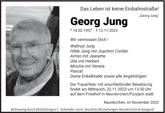 Todesanzeige von Georg Jung von saarbruecker_zeitung