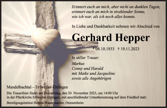 Todesanzeige von Gerhard Hepper von saarbruecker_zeitung