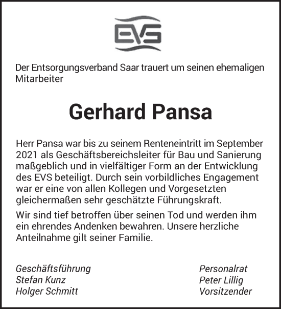 Todesanzeige von Gerhard Pansa von saarbruecker_zeitung