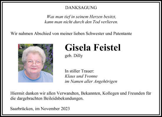 Todesanzeige von Gisela Feistel von saarbruecker_zeitung