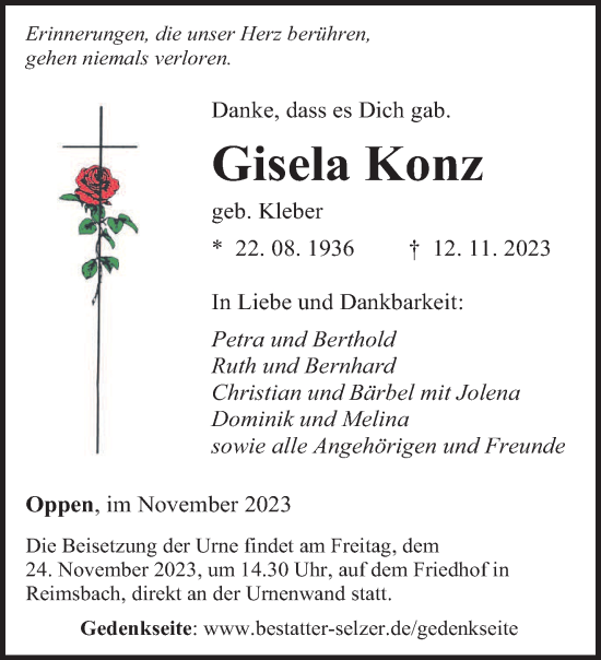 Todesanzeige von Gisela Konz von saarbruecker_zeitung