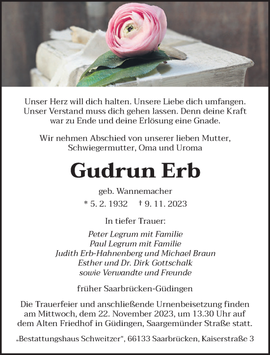 Todesanzeige von Gudrun Erb von saarbruecker_zeitung