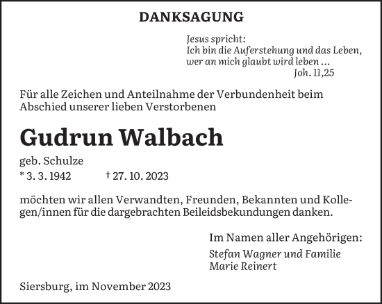 Todesanzeige von Gudrun Walbach von saarbruecker_zeitung