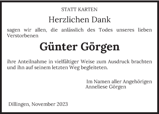 Todesanzeige von Günter Görgen von saarbruecker_zeitung