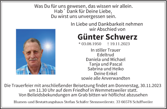 Todesanzeige von Günter Schwerz von saarbruecker_zeitung