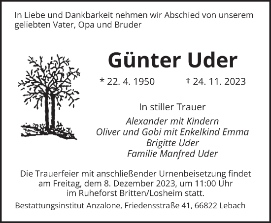 Todesanzeige von Günter Uder von saarbruecker_zeitung