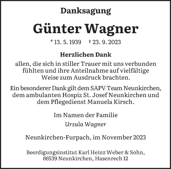 Todesanzeige von Günter Wagner von saarbruecker_zeitung