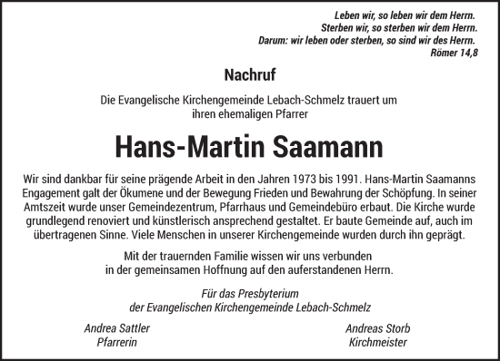 Todesanzeige von Hans-Martin Saamann von saarbruecker_zeitung