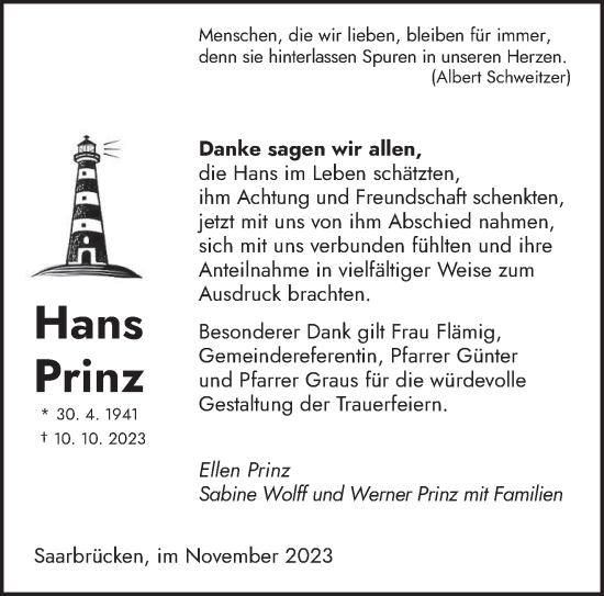 Todesanzeige von Hans Prinz von saarbruecker_zeitung
