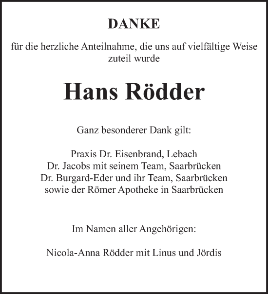Todesanzeige von Hans Rödder von saarbruecker_zeitung