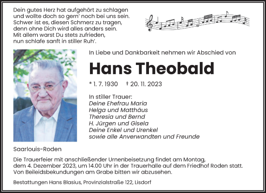 Todesanzeige von Hans Theobald von saarbruecker_zeitung