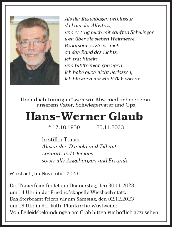 Todesanzeige von Hans-Werner Glaub von saarbruecker_zeitung