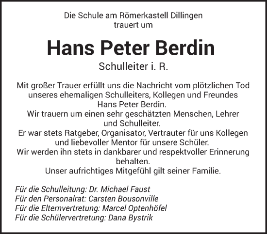 Todesanzeige von Hans Peter Berdin von saarbruecker_zeitung