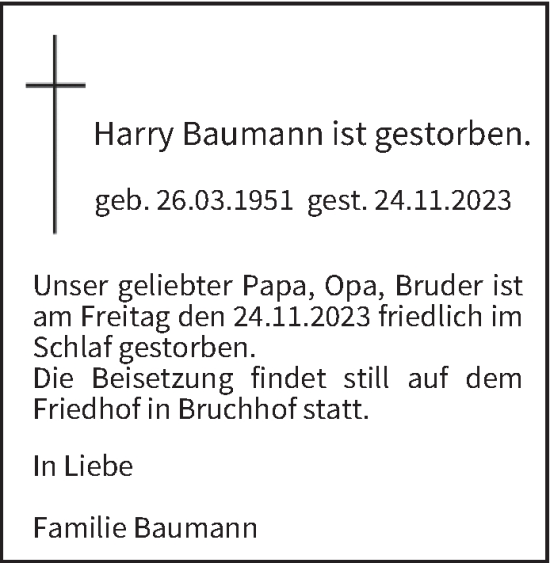 Todesanzeige von Harry Baumann von saarbruecker_zeitung