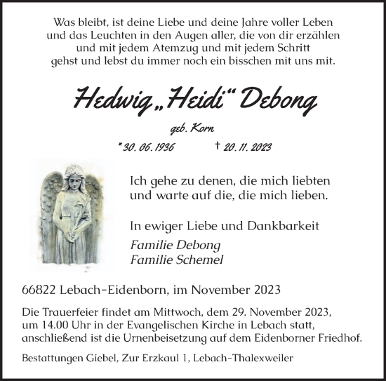 Todesanzeige von Hedwig Debong von saarbruecker_zeitung
