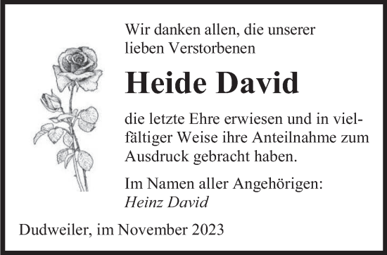 Todesanzeige von Heide David von saarbruecker_zeitung