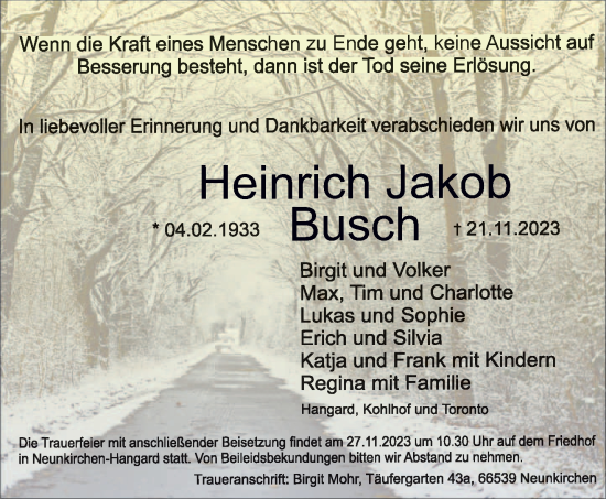 Todesanzeige von Heinrich Jakob Busch von saarbruecker_zeitung