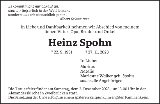 Todesanzeige von Heinz Spohn von saarbruecker_zeitung