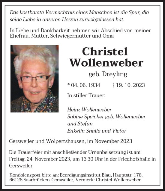 Todesanzeige von Christel Wollenweber von saarbruecker_zeitung
