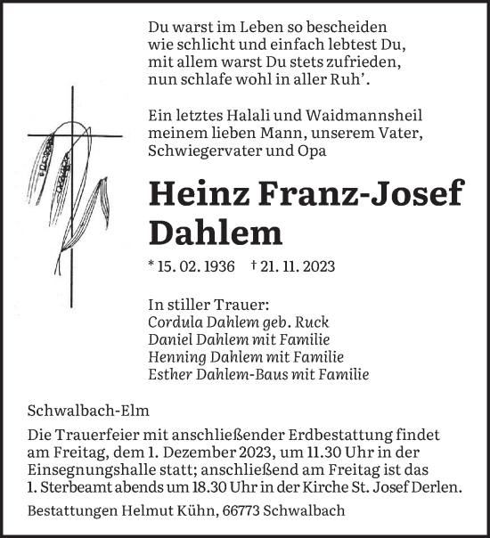 Todesanzeige von Heinz Franz-Josef Dahlem von saarbruecker_zeitung