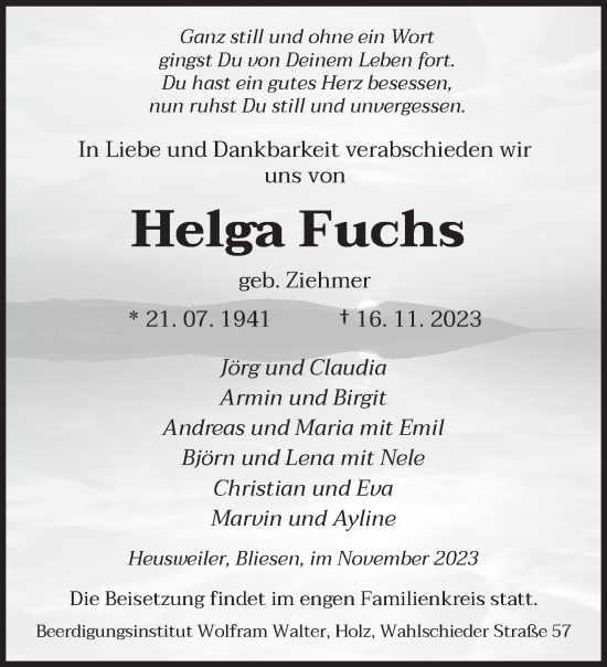 Todesanzeige von Helga Fuchs von saarbruecker_zeitung