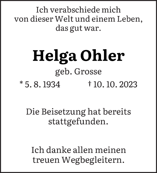 Todesanzeige von Helga Ohler von saarbruecker_zeitung