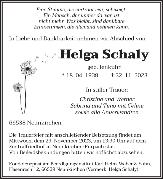 Todesanzeige von Helga Schaly von saarbruecker_zeitung