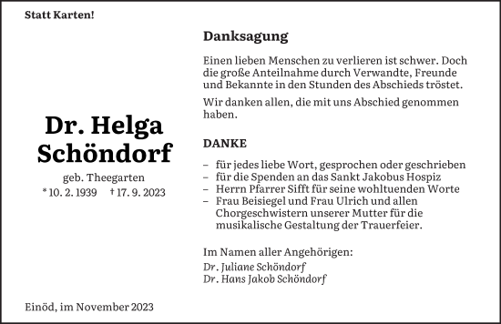 Todesanzeige von Helga Schöndorf von saarbruecker_zeitung