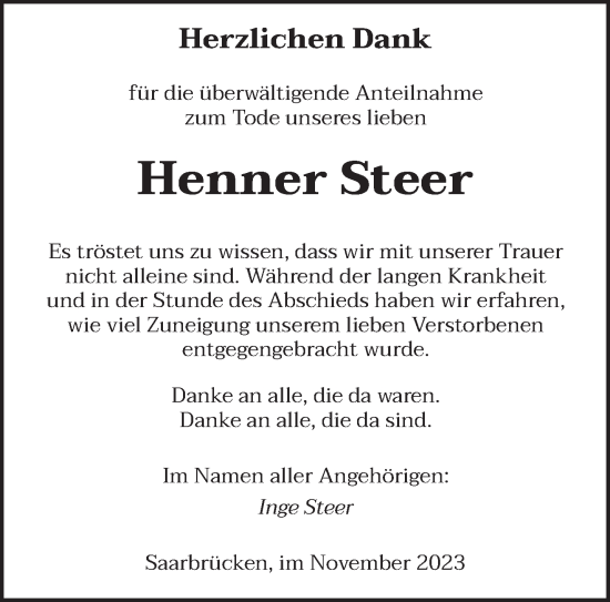 Todesanzeige von Henner Steer von saarbruecker_zeitung