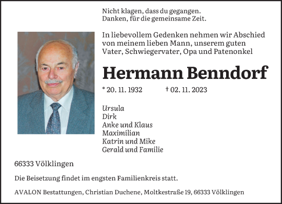 Todesanzeige von Hermann Benndorf von saarbruecker_zeitung