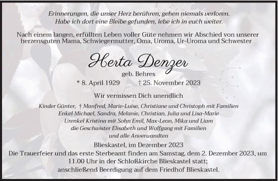 Todesanzeige von Herta Denzer von saarbruecker_zeitung