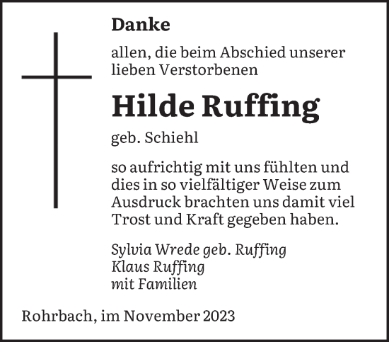 Todesanzeige von Hilde Ruffing von saarbruecker_zeitung
