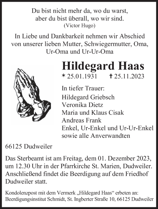 Todesanzeige von Hildegard Haas von saarbruecker_zeitung