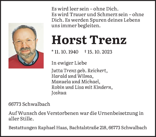 Todesanzeige von Horst Trenz von saarbruecker_zeitung