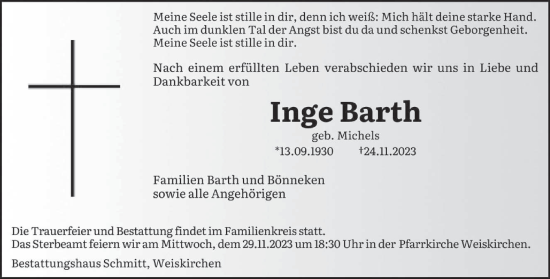 Todesanzeige von Inge Barth von saarbruecker_zeitung