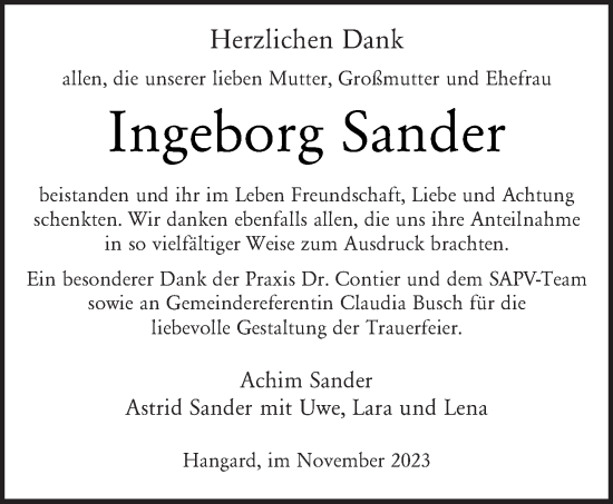 Todesanzeige von Ingeborg Sander von saarbruecker_zeitung