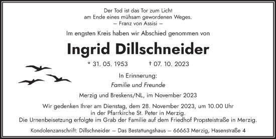 Todesanzeige von Ingrid Dillschneider von saarbruecker_zeitung