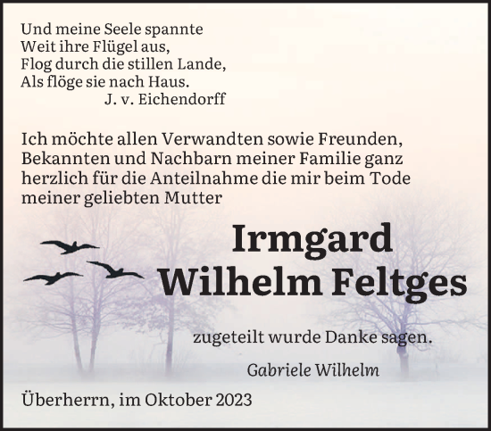 Todesanzeige von Irmgard Wilhelm Feltges von saarbruecker_zeitung