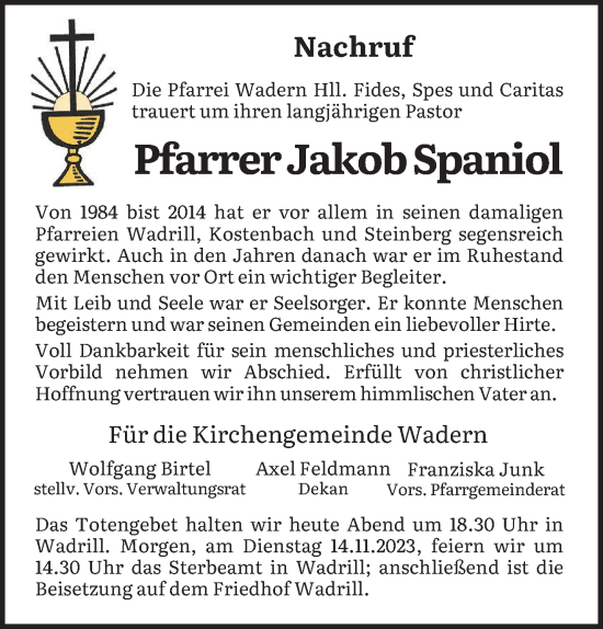 Todesanzeige von Jakob Spaniol von saarbruecker_zeitung