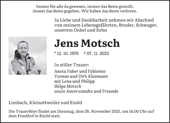 Todesanzeige von Jens Motsch von saarbruecker_zeitung