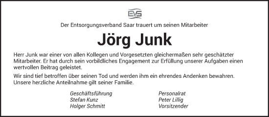 Todesanzeige von Jörg Junk von saarbruecker_zeitung