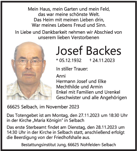 Todesanzeige von Josef Backes von saarbruecker_zeitung
